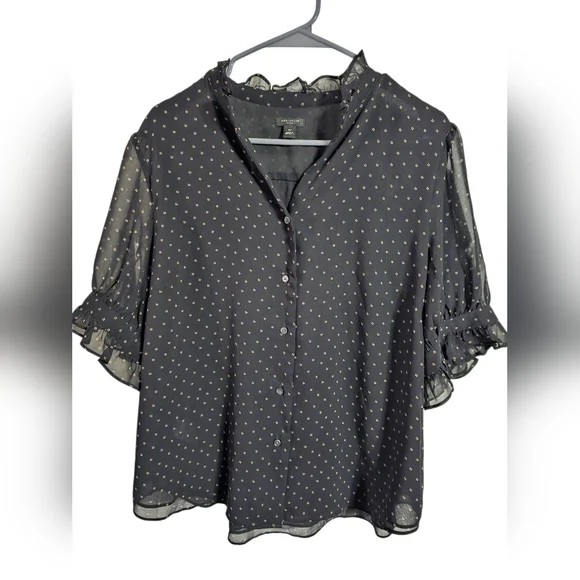Ann Taylor Women XLP Blouse Black Poly Geometric Button Up Shirt Statement Retro - Picture 2 of 7